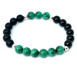 Minerální náramek malachit, onyx - ODHODLÁNÍ (stříbro Ag925)